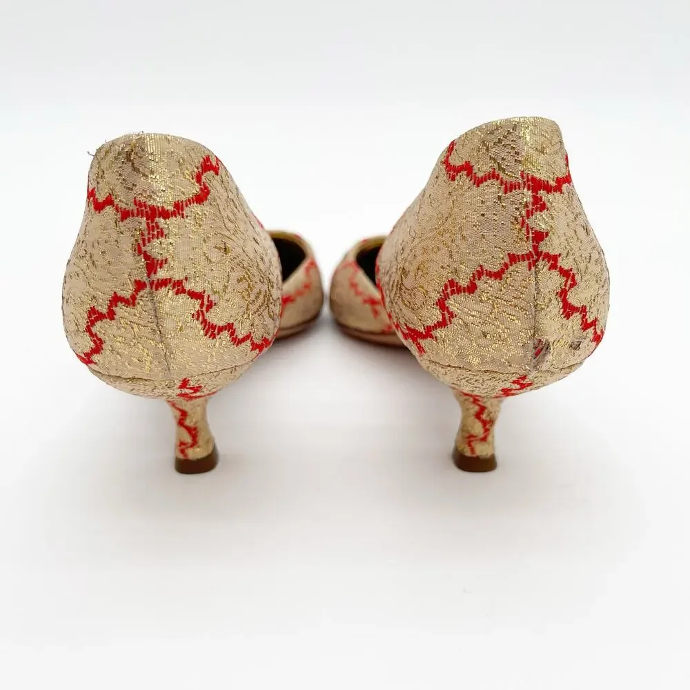Prada Vintage Gold Brocade Red Woven D’Orsay Pointed Toe Kitten Heels IT 36 - Picture 8 of 12